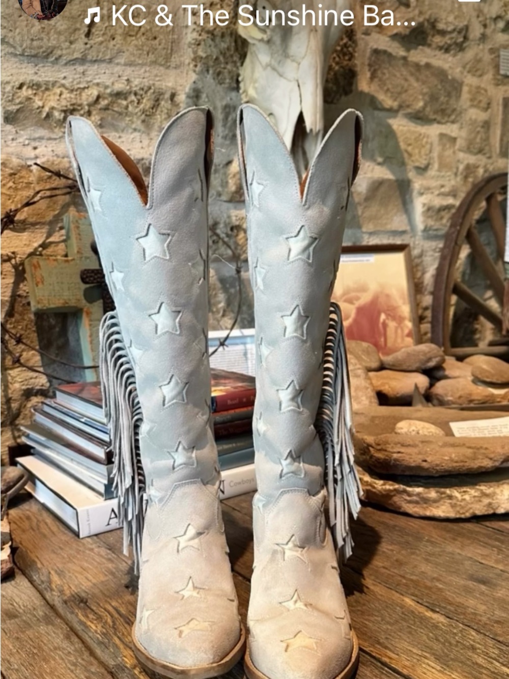 Dingo White/Gray Star Suede Fringe Cowboy Boots
